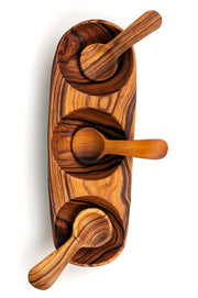 Triple Wild Olive Wood Spice Bowl with Spoons